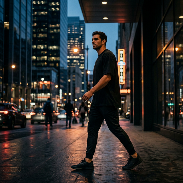 Man walking confidently through a dark urban street at dusk
