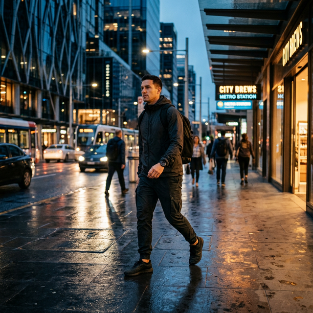 Man walking purposefully through urban environment