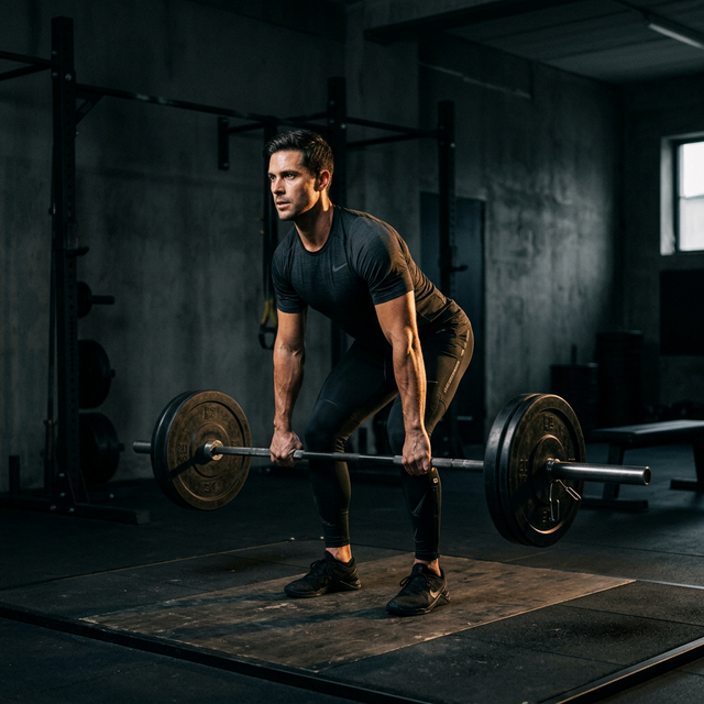 Focused man training with a barbell in a dark minimalist gym