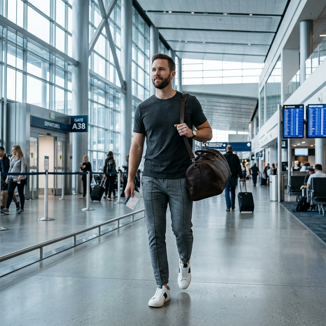 Well-dressed man walking through a sleek airport terminal